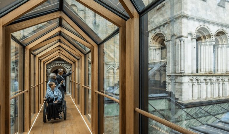 Norwich Castle Accessible Woman in wheelchair with friends1920w x 900h px